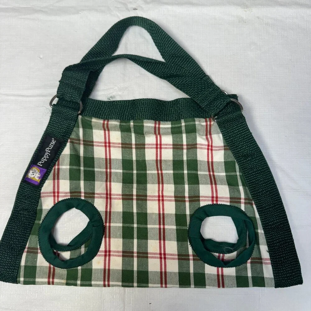 Purse Puppy Small Dog Open Carrier Sling Hand Carry Green Plaid for 4-8 lbs USA